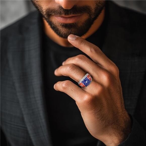 American Flag Rings for Men Silver Plated - Patriotic Chunky Ring Trendy - Picture 4 of 6